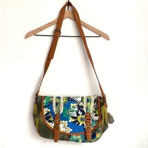 Coco + Carmen peacock & floral fabric Satchel, NWT